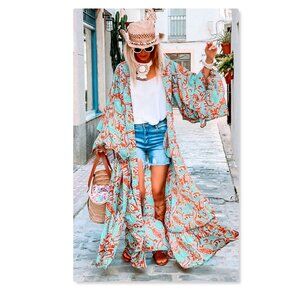 Urban Threadz Printed Open Front Kimomo Duster Cardigan Sz One Size